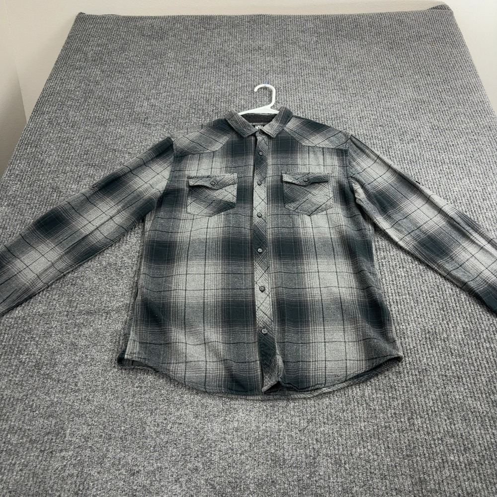 Rock & Republic Button Up Mens Medium Grey Cotton Plaid Flannel Western Grunge